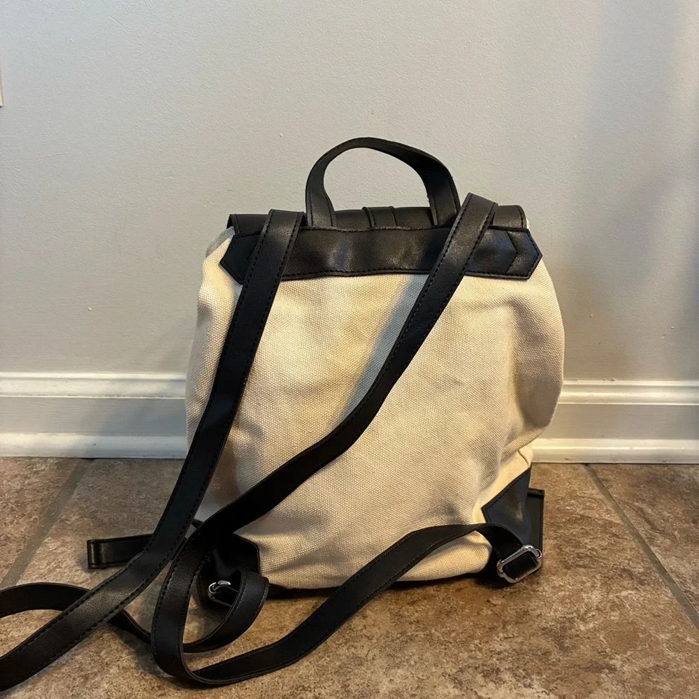 Deux Lux Backpack Canvas Backpack Beige White Black Leather Diaper Bag Flap